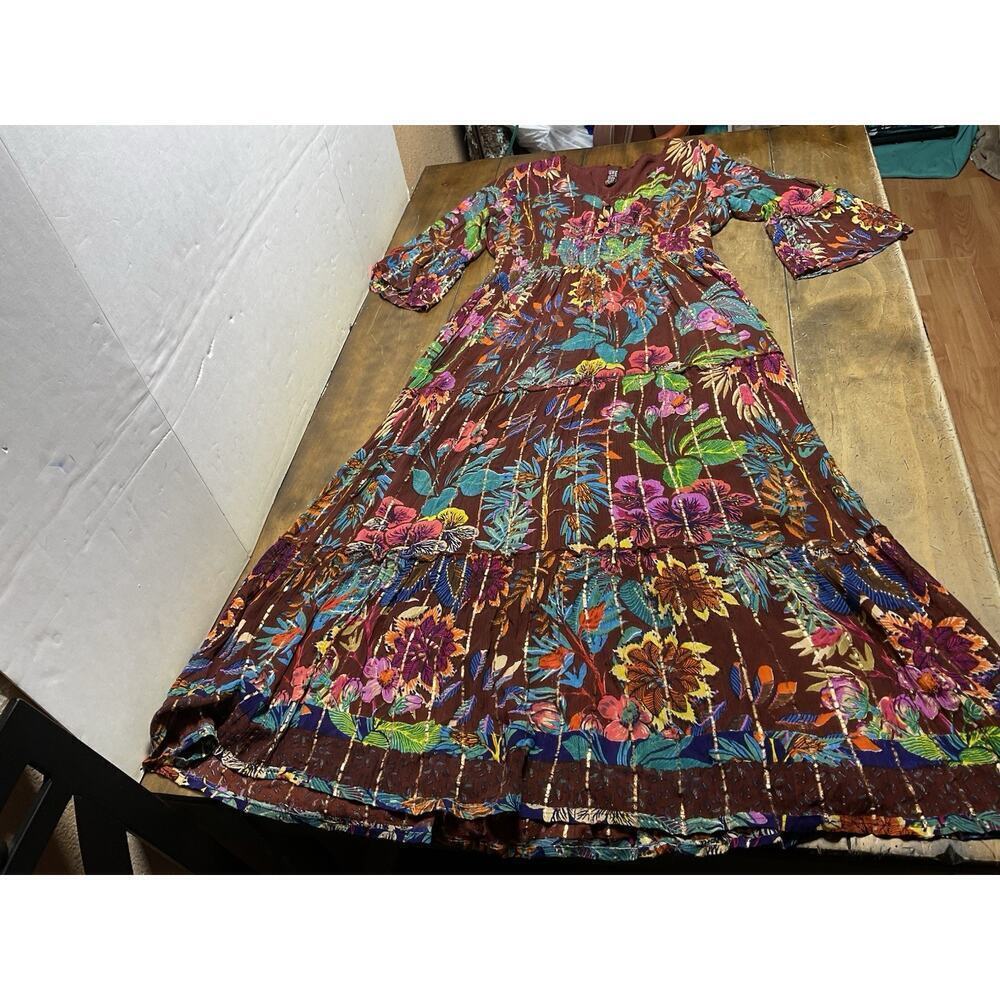 Me 2 Magic Anthropologie Size Large Multi Metallic Tiered Maxi Dress Floral Boho